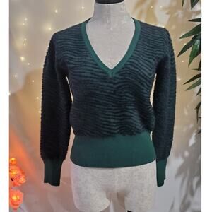 ASTR the Label Tiger Fuzzy Green Black Pullover V Neck Sweater Womens Size XS